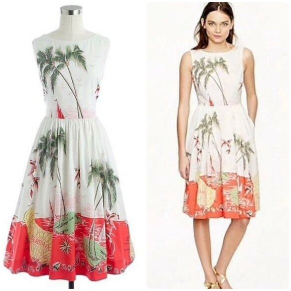 J. Crew Dresses & Skirts - JCrew Barbados Map Palm Tree Fish Novelty Midi Dress Womens 10 Tropical Vacation